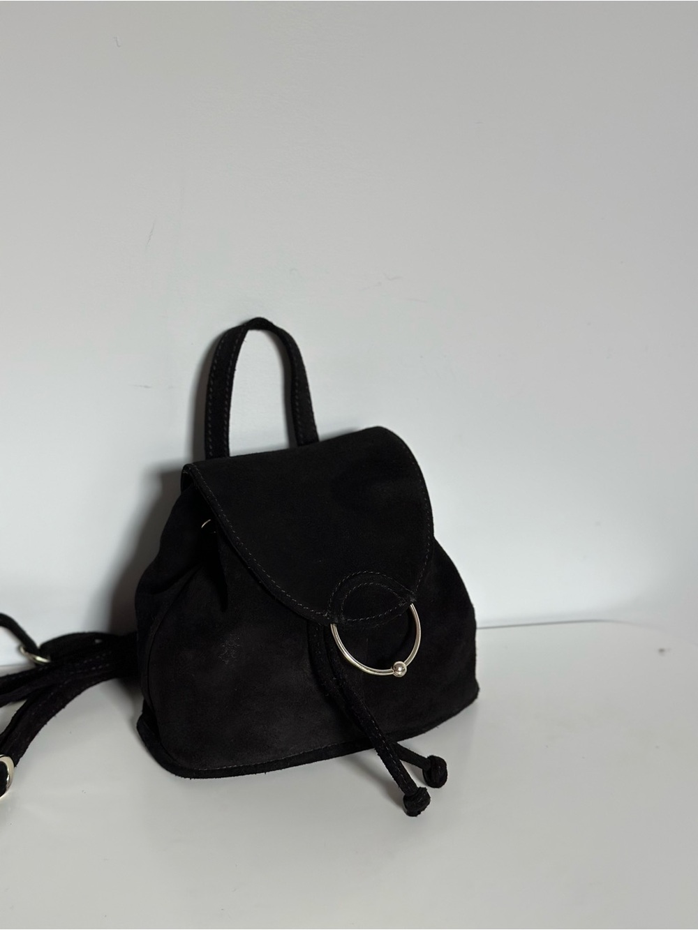 Black Suede Mini Backpack Drawstring Leather Bag Silver Hardware - Picture 3 of 17